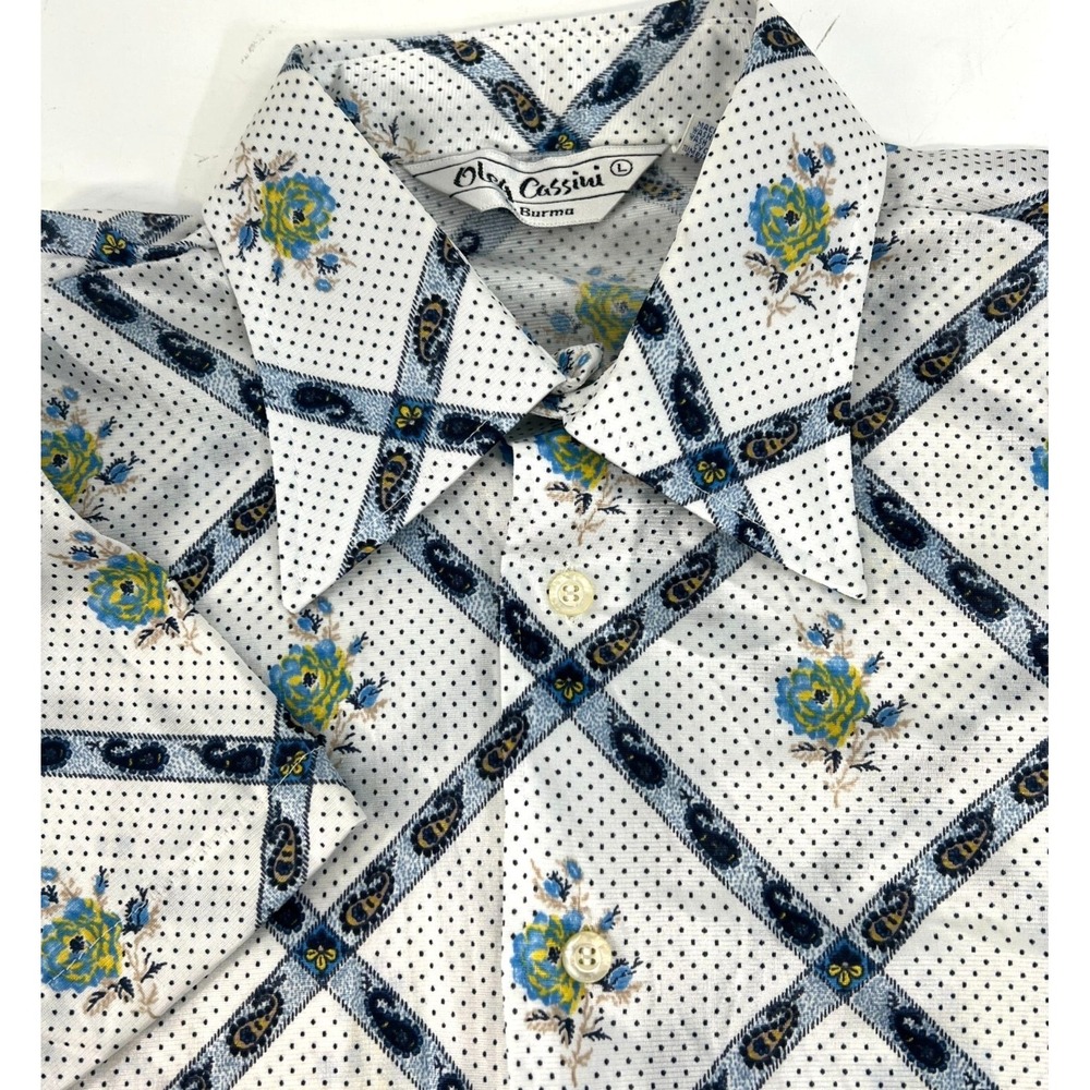 Oleg‎ Cassini Vintage Short Sleeve Shirt Floral Paisley Blue & White Cotton L